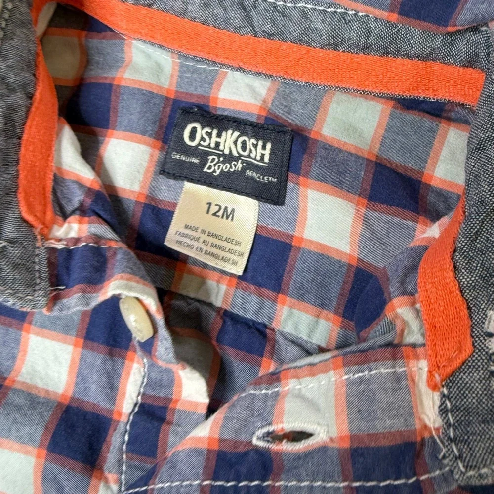 OshKosh Plaid Button Down Bodysuit Orange Blue‎ Checkered 12M